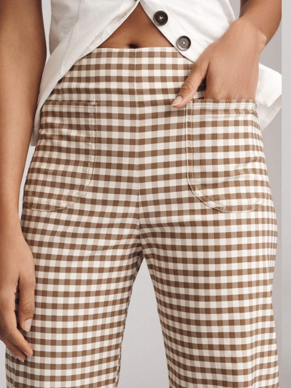 Maeve The Colette Brown & White Gingham Ruffle-Hem Cropped Wide-Leg Pants Sz 34 - Picture 3 of 9